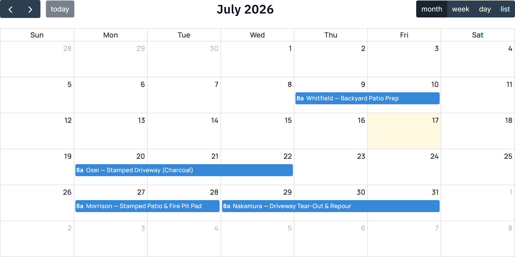 Job calendar with multi-day concrete jobs scheduled across the month