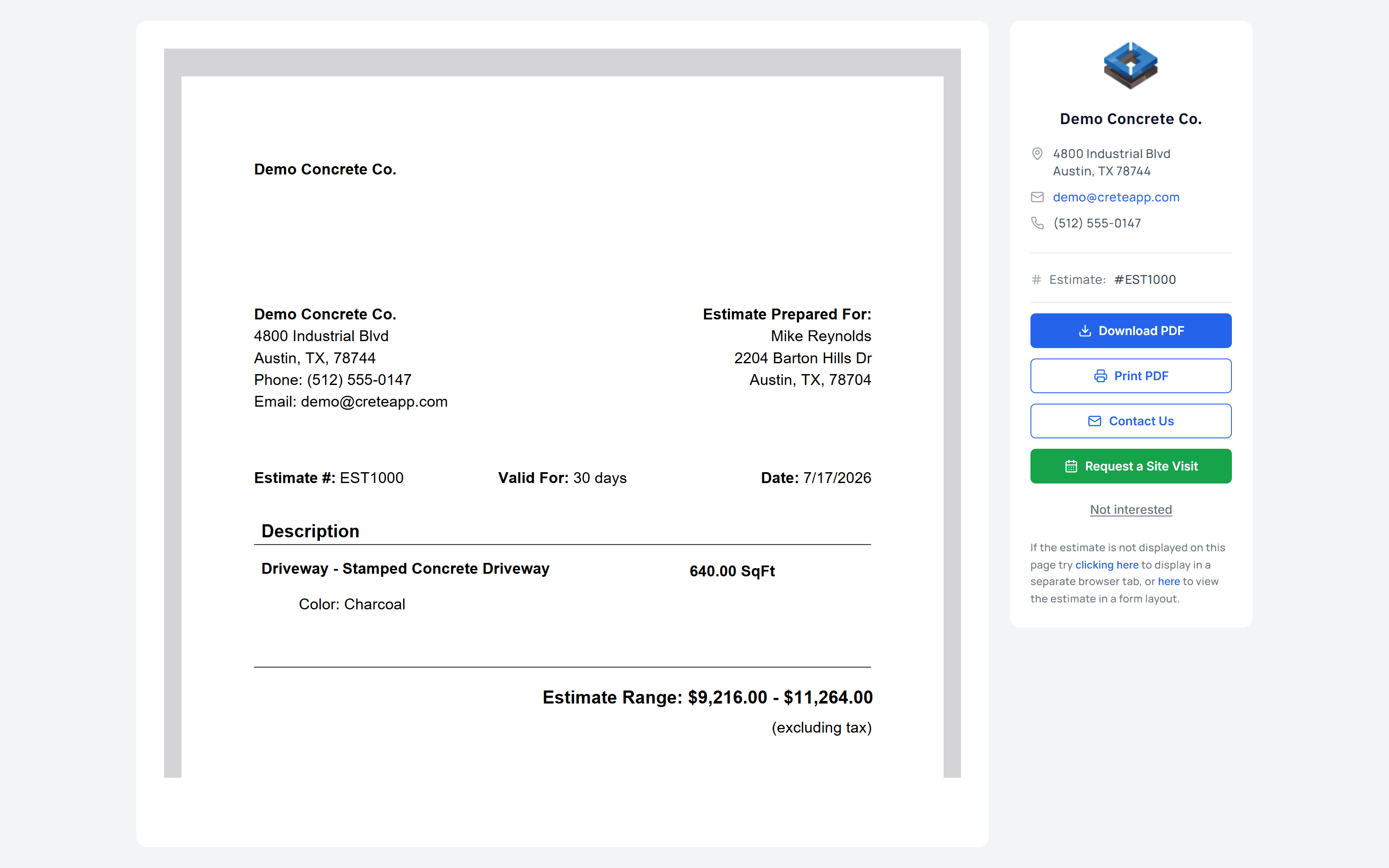 Customer-facing instant estimate with itemized pricing and site visit booking