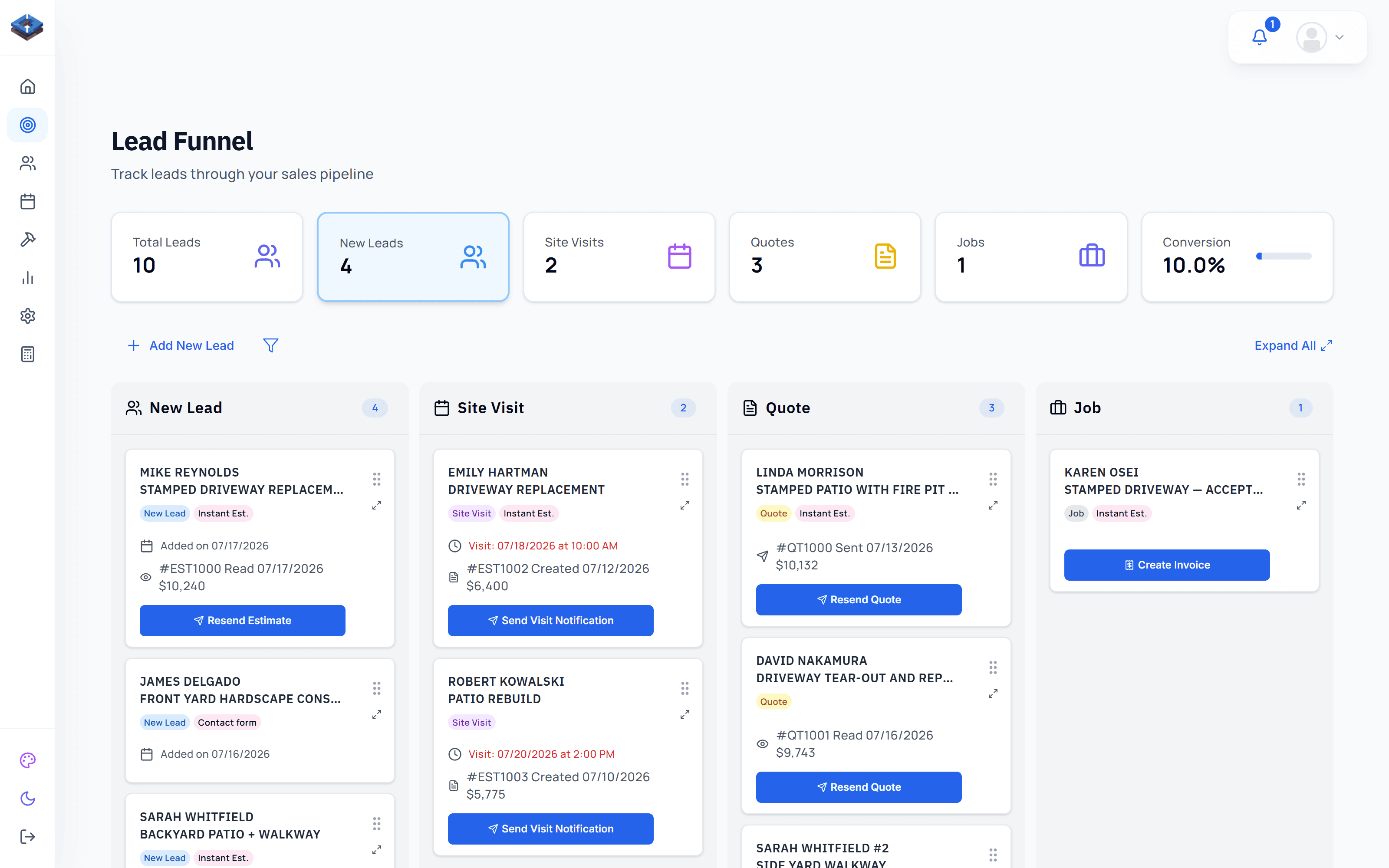 Lead funnel kanban board tracking leads from new lead to job